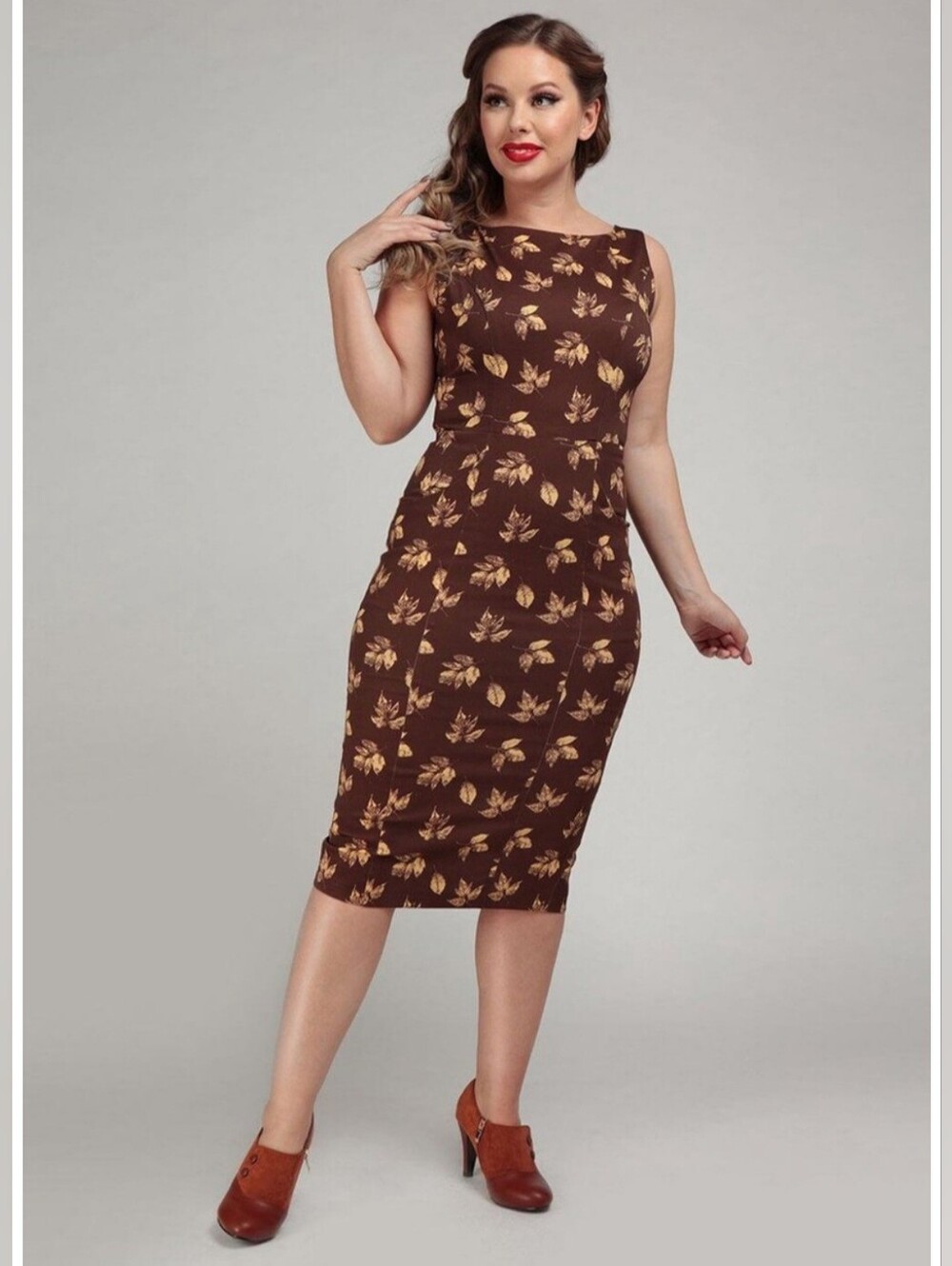 Collectif Hepburn Fall Leaves 50's Pencil Dress  Size 10 Autumn Weddding Guest